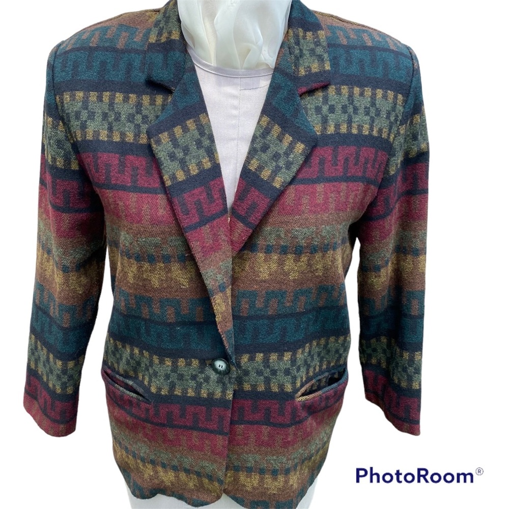 VTG Tracy Evans Wool Blend Jacket Blazer Southwest Aztec Fall Pockets Lined